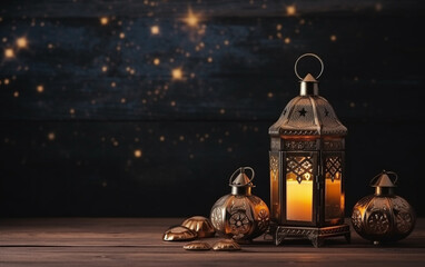 The Muslim feast of the holy month of Ramadan Kareem. Beautiful background with a shining lantern Fanus. Free space for your text