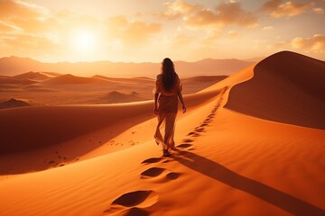 Fototapeta na wymiar Arabian Woman Walking in Egypt's Desert Dunes. Generative AI