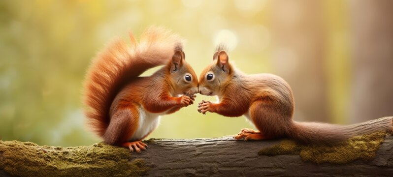 Wildlife animal photography background - Two sweet young red squirrels (sciurus vulgaris) babies kissing on a mossy tree trunk in forest, (Generative Ai)..
