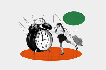 Collage creative artwork picture reminder huge oclock early morning school girl speech reminder do homework isolated on white background