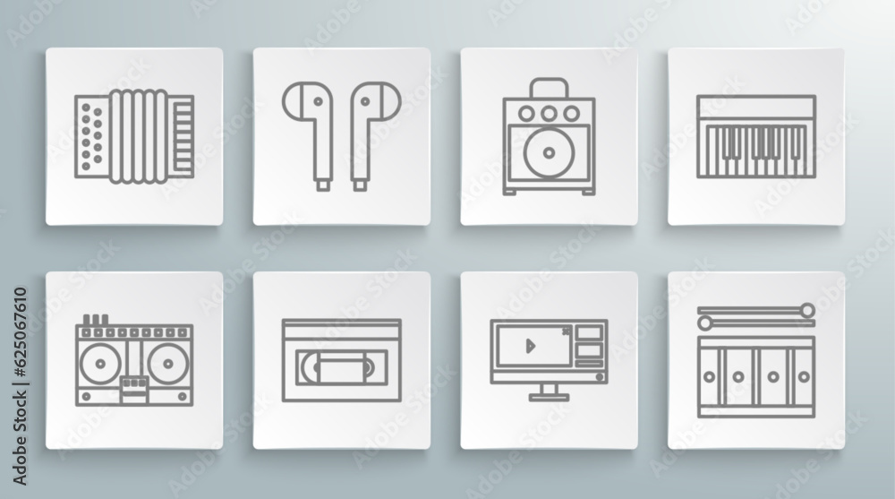 Poster set line dj remote for playing and mixing music, video recorder editor software monitor, drum with d