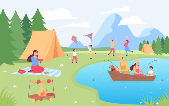 Happy people camping in forest vector illustration. Parents and children fishing in boat, playing with ball or flying kites, eating fruits near tent. Summer activity, tourism, nature concept