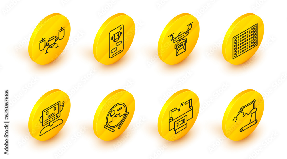 Poster set line industrial machine robotic robot arm hand factory, assembly line, robot vacuum cleaner, pri