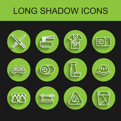 Set line Geta traditional Japanese shoes, Traditional katana, Sushi, Rstaurant opened take out box filled, Khinkali cutting board and tea ceremony icon. Vector