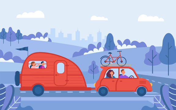 Happy family traveling in camper van vector illustration. Parents driving car with bicycle on roof, children observing nature and landscape. Summer road trip, family activity concept