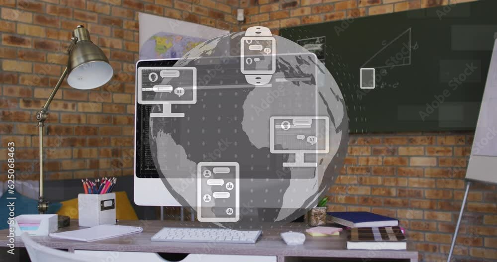 Poster animation of ai icons and globe over computer in office