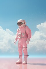 A person stands boldly in a pastel pink suit, a cosmic astronaut against a sky of billowing clouds, creating an ethereal portrait of courage and strength - obrazy, fototapety, plakaty