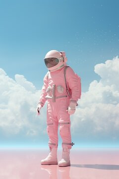 A person stands boldly in a pastel pink suit, a cosmic astronaut against a sky of billowing clouds, creating an ethereal portrait of courage and strength