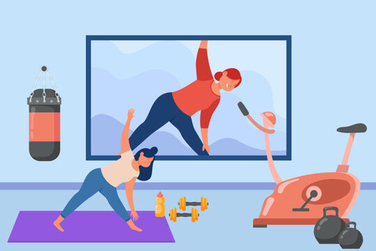 Young woman exercising with video tutorial vector illustration. People in gym using weights, fitness bicycle, punching bag, dumbbells. Fitness, physical activity, health care concept