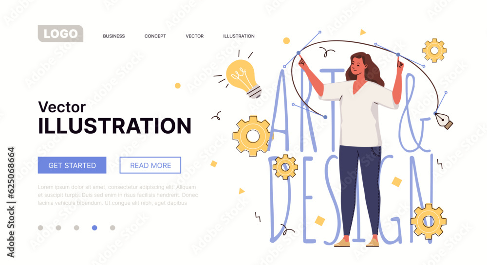Poster llustrator is working on design project in vector program using graphic pen. artist draws bezier cur