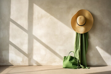 Summer composition with sun hat with wide brim, hanging green cloth and green summer tote bag against beige wall. Generative AI