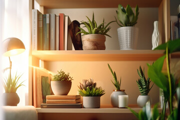 Tranquil Haven: Cozy Reading Nook with Plants on Shelf for Serene Relaxation. Generative AI