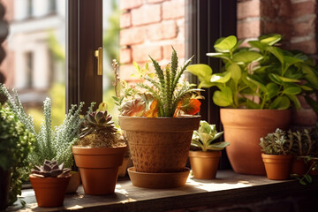 Fototapeta na wymiar Serene Ambiance: Sunny Windowsill with Herbs and Succulents in Clay Pots. Generative AI
