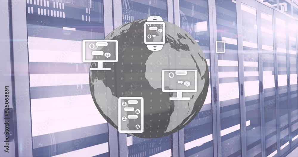 Poster animation of ai data processing over grid globe and computer servers background