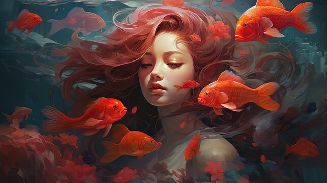 Mermaid dream, beautiful woman sleeping underwater among red fish, surreal fancy art illustration, generative Ai