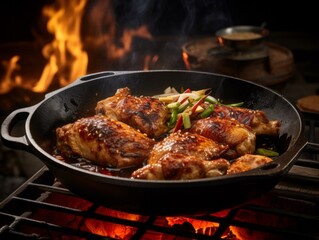 Gui Fei Chicken sizzling on a cast iron skillets, captured with the steam rising