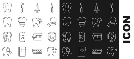 Set line Dental clinic for dental care tooth, protection, Tooth, medical syringe, implant, Teeth with braces and icon. Vector