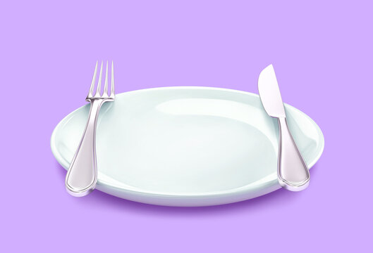 Empty white plate with fork and knife isolated on purple background. Clipping path included