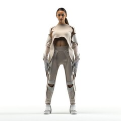 Woman in clothes of the future on a white background