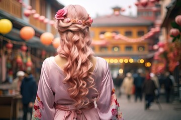 Obraz premium pretty young woman walking in market fair in city, Generative Ai