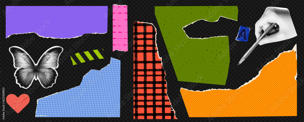 Poster a set of trendy elements for collage. vector torn vibrant texture paper. scotch tape and halftone bu