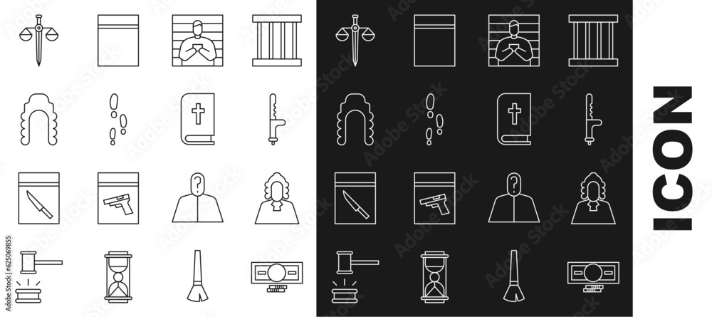 Wall mural Set line Stacks paper money cash, Judge, Police rubber baton, Suspect criminal, Footsteps, wig, Scales of justice and Holy bible book icon. Vector