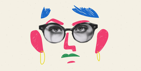 Modern trendy collage with a woman's face. Eyes in glasses. Painted elements. Vibrant magazine background. Vector illustration. 
