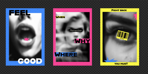 Flyers with halftone-style photos. Photo of a woman with her mouth open, and a star. Eye in a blur. Stickers with barcode and text. Vector collage design with illustrations