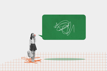 Collage illustration of young schoolgirl eating apple speech textbox announcement smart idea...