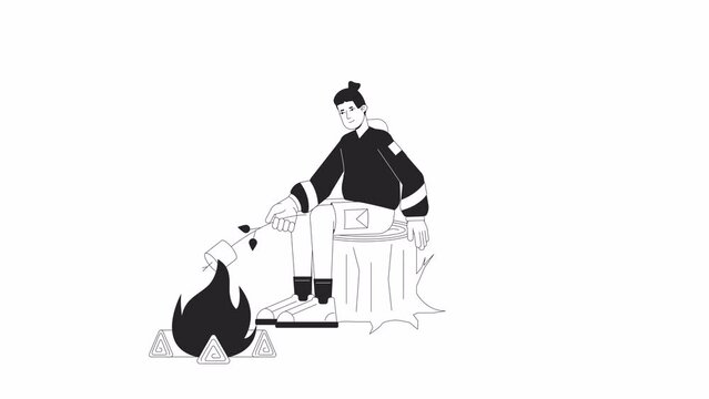 Young man roasting marshmallow on fire bw outline cartoon animation. 4K video motion graphic. Guy making campfire marshmallow 2D monochrome linear animated character isolated on white background