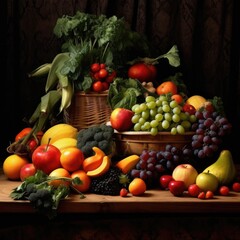 Fresh fruit and vegetables on table. Generative AI.