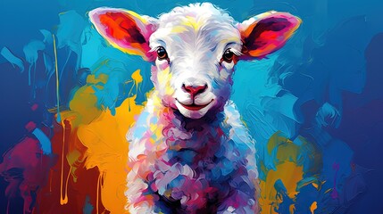 painting style illustration, happy baby lamb with color splash, Generative Ai