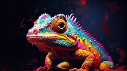 painting style illustration, happy baby iguana with color splash, Generative Ai