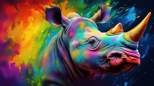 painting style illustration, happy baby rhino with color splash, Generative Ai