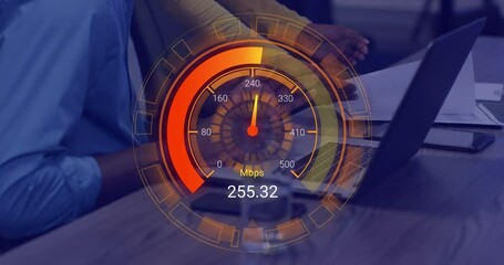 Animation of speedometer data processing over diverse business people in office - Powered by Adobe