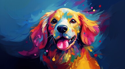 painting style illustration, happy baby puppy with color splash, Generative Ai