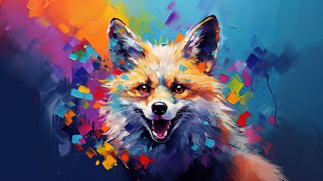 painting style illustration, happy baby fox with color splash, Generative Ai