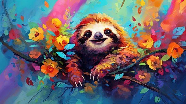painting style illustration, happy baby sloth with color splash, Generative Ai