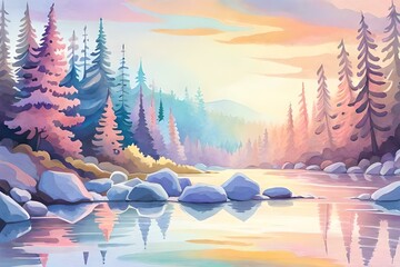 Landscape in pastel pink, purple, orange, and blue. Trees, water reflection, serene beauty in nature. Watercolor painting. Generative AI