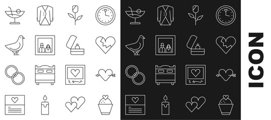 Set line Wedding cake with heart, Amour and arrow, Broken or divorce, Flower rose, Family photo, Dove, Cocktail and rings icon. Vector