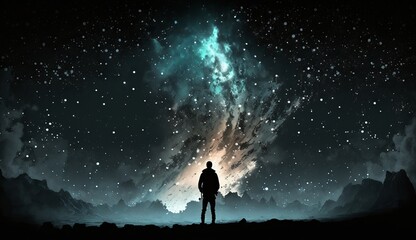 silhouette of a man against the background of the starry sky Generative AI