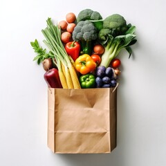 Banner, Paper bag with fruit and vegetables. Generative AI.