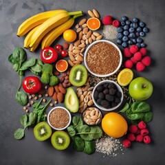 Fruit, vegetable, seeds, superfood, cereal, leaf vegetable on gray concrete background. Generative AI.