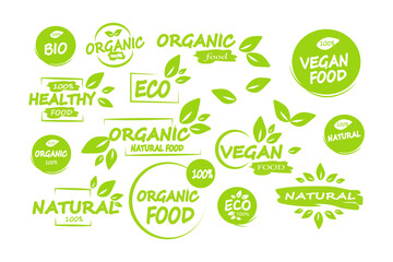 Set of Vegan, eco, bio, organic, fresh, healthy, 100 percent, nateral food. Natural product. Collection of emblem cafe, badges, tags, packaging. Vector illustration.