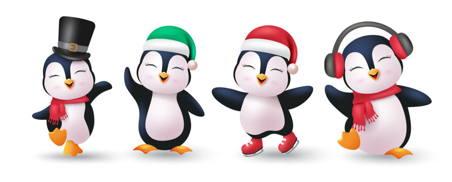 Penguin characters vector set design. Christmas penguins happy smiling character wearing xmas hat, head phone and scarf elements. Vector illustration cute mascot penguin collection. 