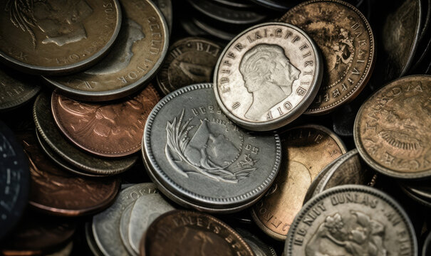 Many different old coins. Closeup view, background. Finance, money, and saving concept. Coin collecting hobby. 