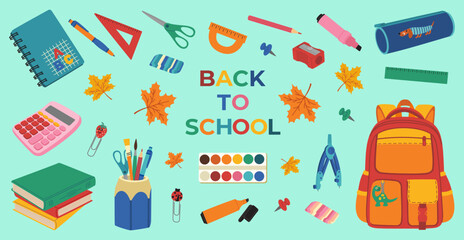 Back to school banner with school elements. Backpack, textbooks, calculator, pencil case, paints, pens, notebook, clip. Hand drawn vector illustration isolated on green background, flat cartoon style.