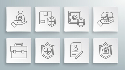 Set line Briefcase, Delivery security with shield, Life insurance, Document, House, Safe, hand and Money icon. Vector