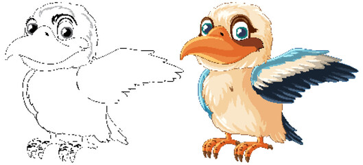 Naklejka premium A smiling Kookaburra bird with one wing open, isolated on a white background in a vector cartoon illustration style
