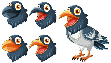 Obraz na płótnie Canvas A set of cartoon ravens isolated on a white background, illustrated in a vector style